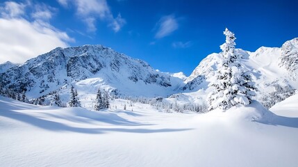 Poster - Stunning Winter Landscape with SnowCovered Mountains Under a Bright Blue Sky : Generative AI