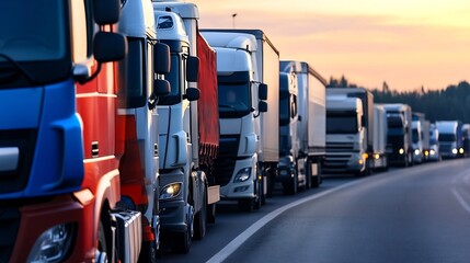 Poster - Trucks Lined Up on the Highway During Sunset Capturing the Essence of Transportation : Generative AI