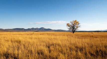 Aufkleber - Lonely Tree in Wide Open Grassland Under Bright Blue Sky and Gentle Clouds : Generative AI