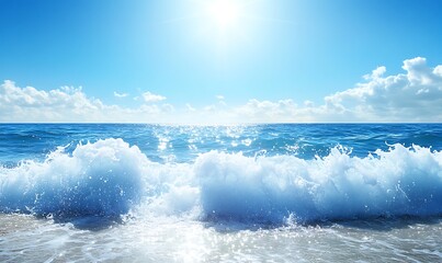 Aufkleber - Serene ocean waves under a bright sun against a clear blue sky.