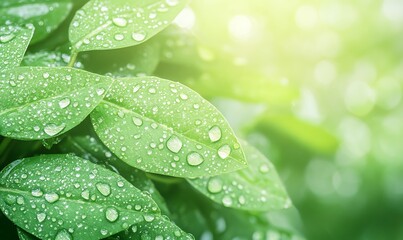 Fototapete - Fresh green leaves with raindrops glistening under soft light.