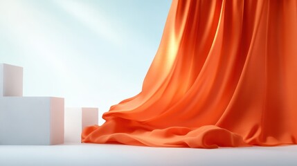 Poster - A close-up of flowing orange fabric draping over a white backdrop, offering a modern aesthetic that emphasizes texture and elegance in design.