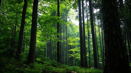 Poster - Lush green forest with tall trees and sunlight filtering through the dense canopy : Generative AI