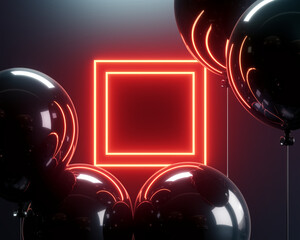 Poster - Dark, glossy spheres surround a red neon square frame, creating a dramatic, modern display ideal for product showcase or advertisement