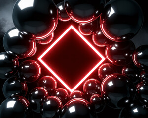 Poster - Surrounding red neon frame, many dark spheres create showcase, product display, or scene for advertising, mockup or banner