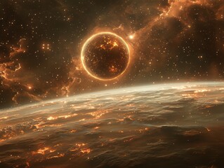 Wall Mural - surreal scene featuring a glowing planet suspended in the sky above an iridescent and dreamy backgro