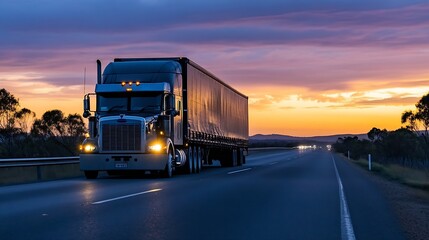 Poster - HeavyDuty Truck Driving on an Open Highway at Sunset for LongDistance Transportation : Generative AI