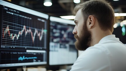 Fototapete - Focused young man analyzes financial data on multiple screens with stock charts and graphs : Generative AI