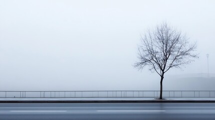Aufkleber - Solitary tree stands tall against a foggy backdrop along a deserted road in early morning light : Generative AI
