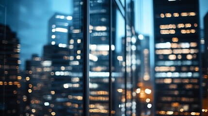 Poster - Stunning Nighttime Cityscape Reflection in High Rise Glass Building Surrounded by Bright City Lights : Generative AI