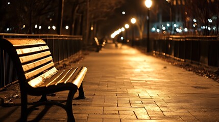 Aufkleber - Empty Park Pathway with Bench Illuminated by Warm Street Lights at Night : Generative AI