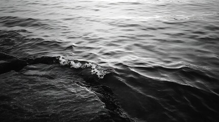 Fototapete - Calm black and white photography showcasing gentle waves lapping at rocky shorelines : Generative AI