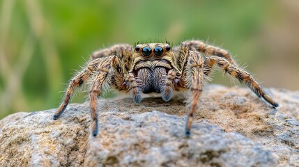 Poster - Close up of a furry spider sitting on a rock showcasing its eyes and detailed texture : Generative AI