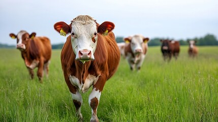 Poster - Charming brown cows roaming freely in a green pasture under an overcast sky : Generative AI