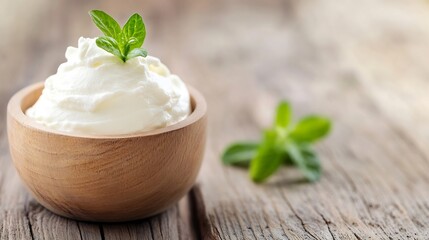 Poster - Delicious and Creamy Natural Yogurt in a Wooden Bowl with Fresh Mint Leaves : Generative AI