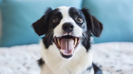 Poster - Happy and playful black and white dog smiling brightly in a cozy indoor setting : Generative AI