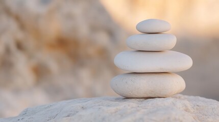 Leinwandbilder - A serene stack of smooth white stones delicately balanced on a natural background symbolizing tranquility and harmony : Generative AI