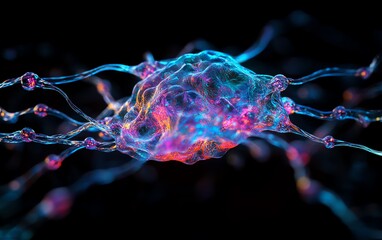 Poster - Neurology concept, stylized brain with vivid, colorful lines indicating neural pathways, dynamic, futuristic design, vibrant colors, AIdriven neural network representation