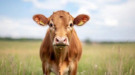 Poster - Curious brown cow standing in a green field looking at the camera with a charming gaze : Generative AI