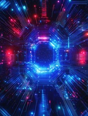 Fototapete - Vibrant Neon Abstract Background with Futuristic Circuitry, Symbolizing Innovation and Technology. Ideal for Sci-Fi Designs, Tech Presentations, and Digital Art Projects.