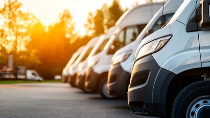 Poster - Fleet of delivery vans parked in a row during sunset highlighting logistics and transportation industry efficiency : Generative AI