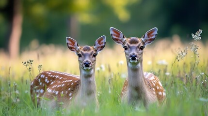 Poster - Two curious young deer standing together in a tall grass meadow surrounded by wildflowers on a sunny day : Generative AI