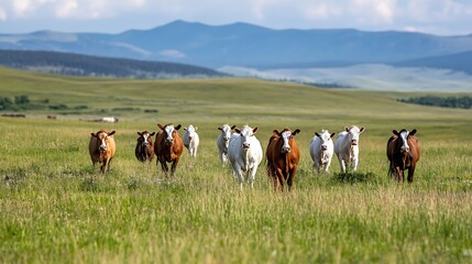 Poster - Herd of Cattle Grazing in a Lush Green Field Under a Blue Sky with Mountains in the Background : Generative AI
