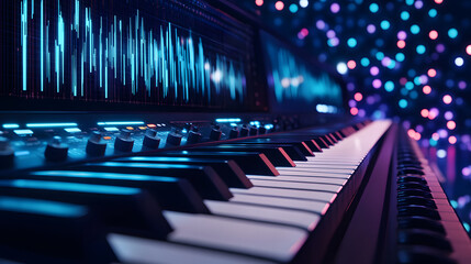 Poster - A close-up view of a piano keyboard with colorful lights and soundwave visuals, creating a vibrant and musical atmosphere