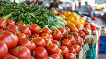 Poster - Colorful assortment of fresh vegetables and tomatoes displayed at a vibrant local market : Generative AI