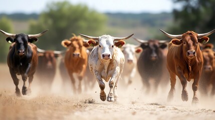Poster - Herd of Longhorn Cattle Running Across Dusty Field in Bright Daylight : Generative AI