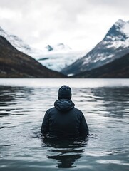 Poster - Person standing in tranquil water surrounded by stunning mountain landscape under cloudy sky : Generative AI