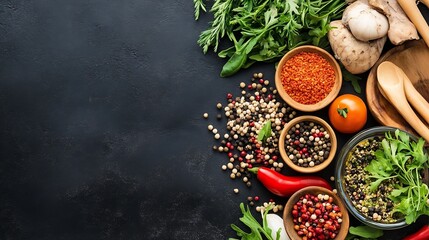 Poster - Vibrant assortment of fresh vegetables and spices on a black surface showcasing colorful ingredients for healthy cooking : Generative AI