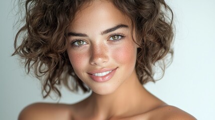Aufkleber - A woman with brown hair and green eyes is smiling and looking at the camera