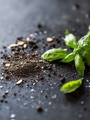 Poster - Fresh basil leaves and black pepper sprinkled on a dark stone background creating a vibrant culinary scene : Generative AI