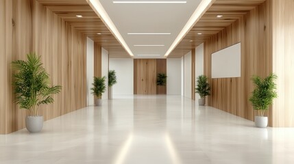Poster - An inviting and stylish hallway showcasing wooden design elements alongside indoor plants, promoting a sense of warmth and sophistication in modern architecture.