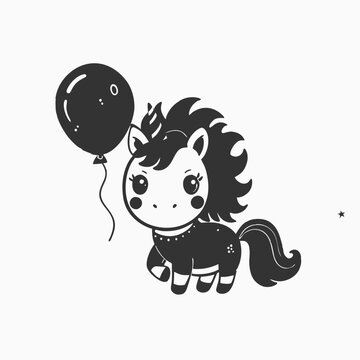 Unicorn chewing gum vector cartoon character. Cute Unicorn with a Pink Balloon Floating in the Air silhouette Isolated vector illustration