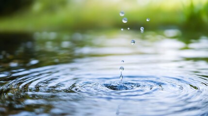 Poster - Serene image of water droplets creating ripples on a tranquil pool surface reflecting surrounding greenery : Generative AI