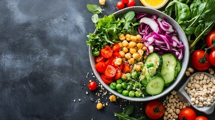 Poster - Healthy Fresh Vegetable Salad with Colorful Ingredients Including Tomatoes and Greens on a Dark Texture Background : Generative AI