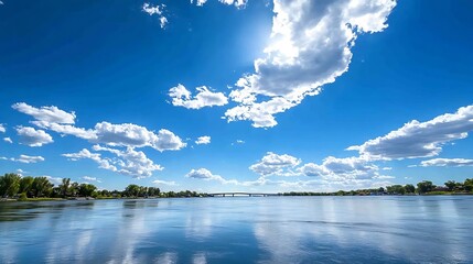 Poster - Scenic view of tranquil river reflecting bright clouds and blue sky in a peaceful natural setting : Generative AI