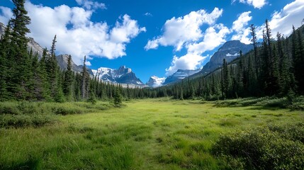 Aufkleber - Stunning view of a lush green valley surrounded by mountains and a bright blue sky : Generative AI