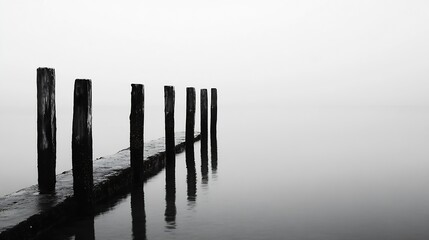 Poster - Misty pier extending into calm foggy waters creating a tranquil atmosphere in black and white : Generative AI