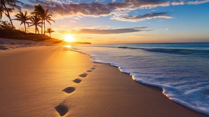 Poster - Idyllic sunset at a tranquil beach with footprints leading into the soft waves of the ocean : Generative AI