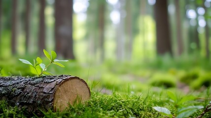 Aufkleber - Peaceful forest scene with fallen log and fresh green shoots emerging in a sunlit and serene environment : Generative AI