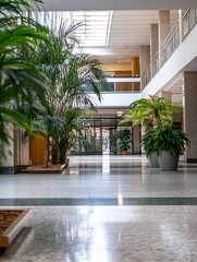 Poster - Elegant indoor space featuring lush green plants and modern architecture bathed in natural light : Generative AI
