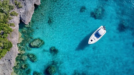 Aufkleber - Aerial view of a serene boat floating in crystal clear turquoise waters next to rocky shores : Generative AI
