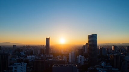 Poster - City skyline at sunset with tall buildings silhouetted against an orange sky : Generative AI