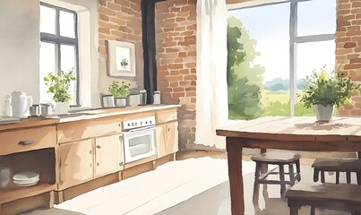 Poster - Cozy kitchen with rustic brick walls, wooden furniture, and a bright view of nature outside.