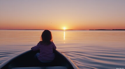 Aufkleber - Child enjoying a peaceful moment in a boat on calm water at sunset : Generative AI