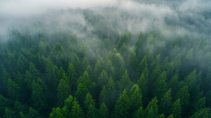 Poster - Aerial view of lush evergreen forest shrouded in mist creating a serene and tranquil landscape : Generative AI