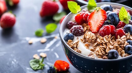 Poster - Delicious Healthy Breakfast Bowl with Fresh Berries Oats and Mint Leaves : Generative AI